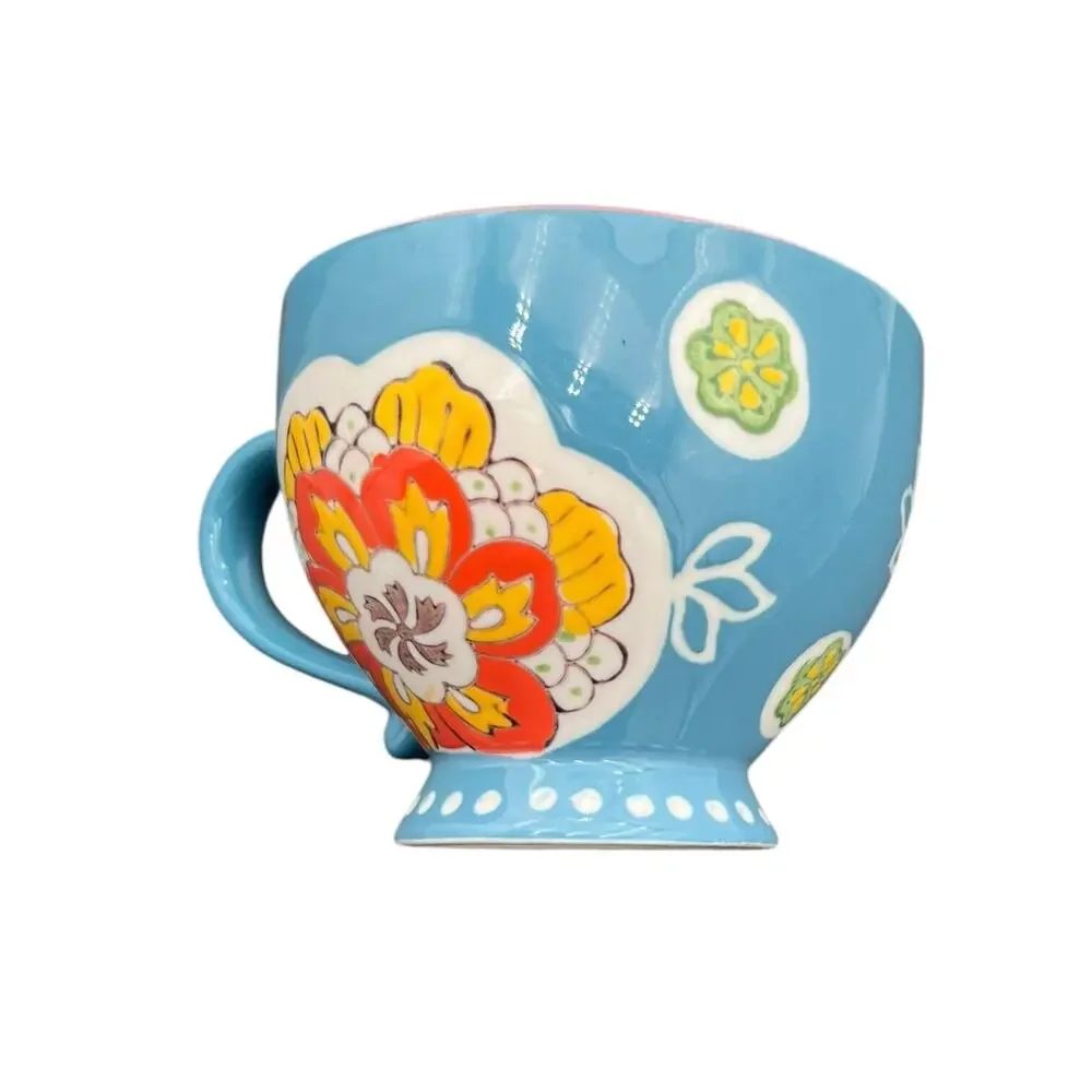 Anthropologie Dutch Wax Hand Painted Tea/Coffee Cup Blue Yellow Floral Large EUC